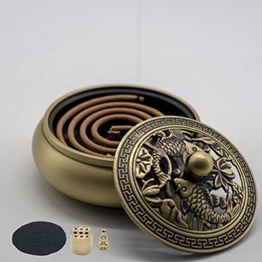 Imagem de Ylskmu Queimador de incenso, padrão de peixe antigo de cobre puro, apanhador de cinzas de incenso para bastões ou cone, incenso de mosquito, cones de sálvia e Palo Santo (bastão/cone/incenso de bobina)