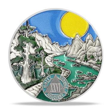 Imagem de Presentes de moeda de sobriedade de 26 anos | Moeda AA Rio e Floresta - Medalhão de Chip AA HA com Oração de Serenidade | Presentes de Narcóticos Alcoólicos Anônimos para Mês de Aniversário e Ano para
