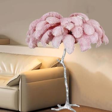 Imagem de Luminária de pé de resina, luminária de chão de penas de avestruz natural, lâmpada de decoração de quarto e sala de estar moderna com corpo de lâmpada prateada, lâmpada LED regulável
