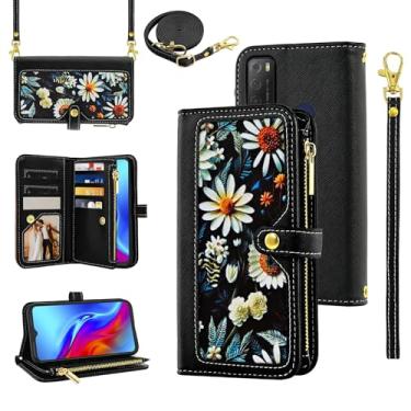 Imagem de Furiet Capa carteira floral para TCL 20E 20Y TLC 6125F com alça de pulso alça de ombro flip bolsa com zíper, capa de telefone de couro PU de luxo com suporte para cartão de identificação de crédito