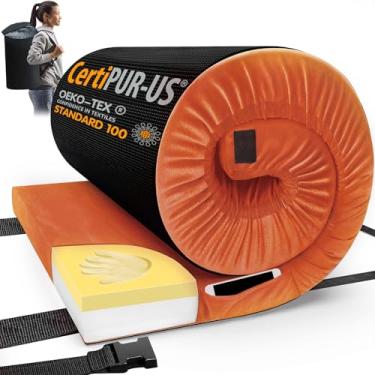 Imagem de CYMULA Certipur-us almofada de colchão de espuma de memória para acampamento, almofada de dormir de espuma portátil para acampar, enrole laranja colchão de chão único colchão de chão cama de