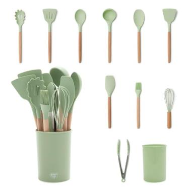 Imagem de GreenLife Conjunto de panelas de silicone com 11 peças, utensílios de cozinha antiaderentes, seguros para 200 °C, concha, virador, espátula, colher, espátula, servidor de espaguete, escova de regar,