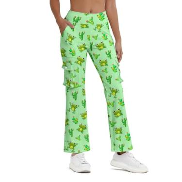 Imagem de Balicaton Calça feminina de ioga elástica com boca de sino elástica casual com bolsos, Sapo e cacto, G