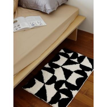 Imagem de WENSHUO Tapete preto geométrico adornado de patchwork, tapete antiderrapante absorvente de microfibra, parte inferior antiderrapante TPR, (75 cm C × 45 cm L)