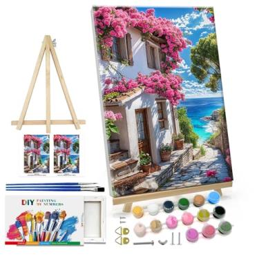 Imagem de ATDMS Kit de pintura por números para adultos com moldura de pintura de paisagem por número com cavalete faça você mesmo flores casa kits de pintura por números kit de pintura por números em tela para