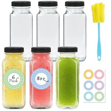 Imagem de NEWMIAO Pacote com 6 garrafas de suco de 227 g com tampas, garrafas de água de vidro reutilizáveis de 250 ml, recipientes vazios para bebidas com escova, para leite, suco, kombucha, gengibre
