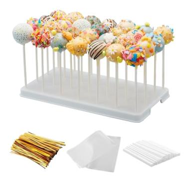 Imagem de Suporte de pop de bolo de 28 furos para picolés, suporte de pirulito, suporte de exibição de bolo, suporte de doces com 100 palitos de bolo, 100 sacos de bolo, 100 peças de laços dourados torcidos