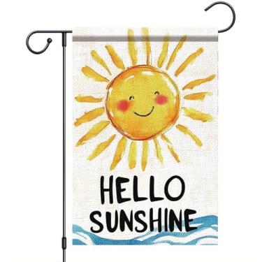 Imagem de Starlit Patio Hello Sunshine Bandeira de jardim primavera verão 30,5 x 45,7 cm dupla face bonito sorridente sol verão decoração de quintal banner externo para varanda pátio gramado decoração de casa