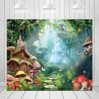 Imagem de ZJRBJB Pano de fundo de conto de fadas encantado de 3 x 2,4 m, floresta, jardim, floresta, cogumelo, borboleta, flores silvestres, fotografia de fundo para decoração de festa infantil, banner,