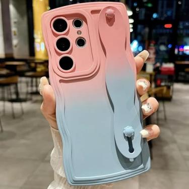 Imagem de HPQWN Para Galaxy S24 Plus Gradient Wave Wrist Strap Case (Para Galaxy S24 Plus/Rosa Azul)