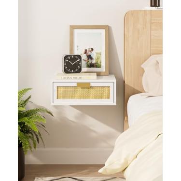 Imagem de Aienvey Mesa de cabeceira flutuante, prateleira flutuante com gaveta, mesa de cabeceira flutuante (vime branco)