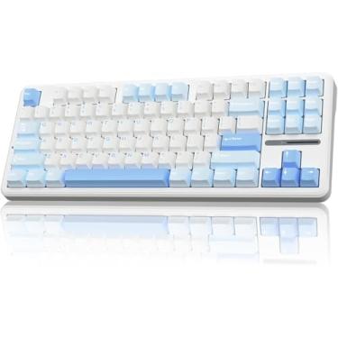 Imagem de Teclado mecânico sem fio F87, Teclados de jogos intercambiáveis quentes personalizados TKL de 75% com tampas PBT, Teclado cremoso retroiluminado RGB, 2.4GHz/USB-C/BT5.0-Sal Branco Azul