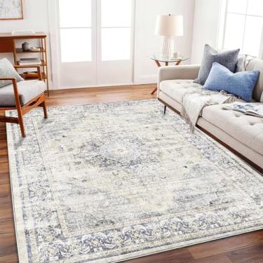 Imagem de CHAMPLANT Tapete de área 1,5 m x 18 m lavável floral azul vintage tradicional cobertura de piso fino retrô cozinha interior tapete antiderrapante para sala de estar, quarto, sala de jantar