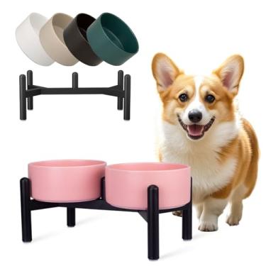 Imagem de Conjunto de tigelas elevadas de cerâmica para cães - Pratos duplos elevados com suporte de aço inoxidável - Tigelas de comida e água para cães pequenos a médios - cada uma comporta 2 xícaras (850 ml