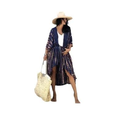 Imagem de Capa de Praia Feminina Maxi Cardigan Tie Dye - Kimono com Cinto, Códig