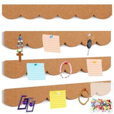 Imagem de CroBlissful Pacote com 4 tiras de parede de cortiça recortada, quadro de avisos, 35 x 5 cm, tiras de parede de cortiça sem moldura, com 50 pinos de pressão, tiras autoadesivas para quadro de cortiça