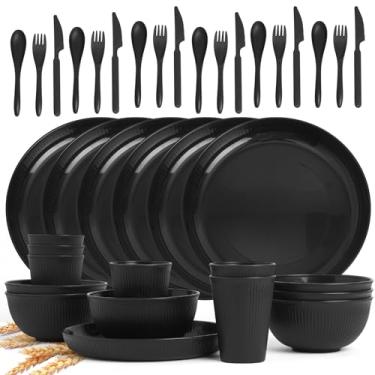 Imagem de Conjunto de 36 peças de louça de palha de trigo, conjunto de louça reutilizável DAPIPIK inquebrável, copos de cozinha, pratos e tigelas, pratos seguros para lava-louças e micro-ondas (preto)