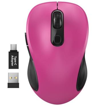 Imagem de WisFox Mouse sem fio de 2,4 G para laptop, mouse de computador ergonômico com receptor USB e adaptador tipo C, 3 níveis ajustáveis, mouse sem fio sem fio de 6 botões para Windows Mac PC Notebook