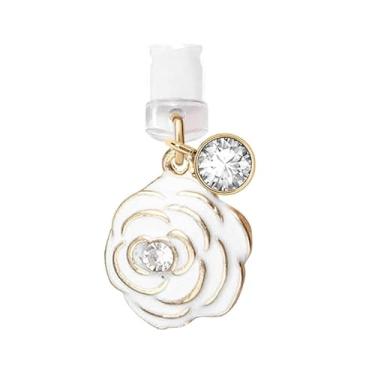 Imagem de EIISE & FONDA Porta de carregamento USB CP33, plugue antipoeira, pingente de flor rosa, pingente de telefone para iPhone 11/XS MAX/XR/X/8 Plus/7/6S/6/SE iPad iPod (branco), approx. 1.3 cm (H) x 1.3 cm