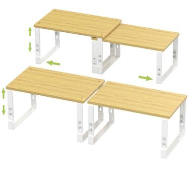 Imagem de Prateleiras de armazenamento ajustáveis para organização de armários de cozinha – Conjunto de 2 prateleiras empilháveis de metal e madeira projetada, design que economiza espaço para bancada/despensa