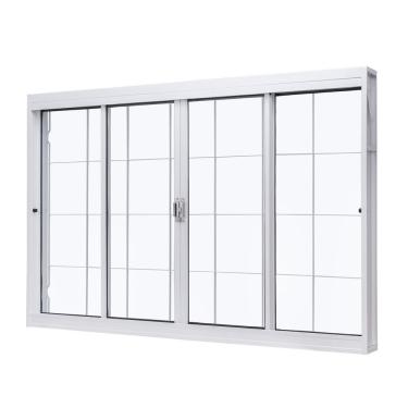 Imagem de Janela De Aço De Correr Central 100x120cm 4 Folhas Com Grade Quadriculada E Vidro Liso Unic Sol Ramassol Branco