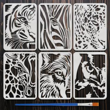 Imagem de FINGERINSPIRE 6 peças de estêncil Peep at the Animals com 1 pincel de pintura 21 x 29,7 cm, estêncil de animais selvagens, tigres, zebras, leopardos, girafas, lobos, corujas, modelo, para decoração de