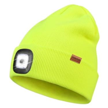 Imagem de Gorro Unissex YunTuo com 4 LEDs, USB Recarregável, Iluminação Noturna, Chapéu de Inverno Tricotado, Amarelo Fluorescente