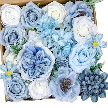 Imagem de Arranjo de flores artificiais, rosas roxas e brancas mistas, dálias e cravos, conjunto floral decorativo de seda (azul)