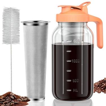 Imagem de JunVpic Jarra para cafeteira Cold Brew – Tampa multiuso de vidro espesso de 1,8 g com alça e filtro de aço inoxidável para café gelado, limonada, chá gelado, recipiente caseiro para bebidas de frutas