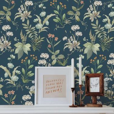 Imagem de Aniboo Papel de parede floral vintage para contato azul marinho para armários e gavetas, papel de parede removível botânico autoadesivo para quarto, banheiro, azul escuro, folha de papel de contato
