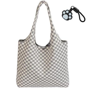 Imagem de GREFREZE Bolsa de crochê feita de material de malha canelada grossa com padrão de xadrez de crochê 3D, bolsa multiuso personalizada para férias na praia, trabalho, viagem, compras, presente estético