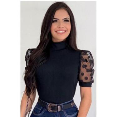 Imagem de blusa feminina gola alta manga tule canelada - moda filo, Branco, p