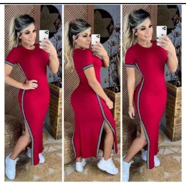 Imagem de Vestido longo manga curta listra na lateral canelado - filo modas, Ver