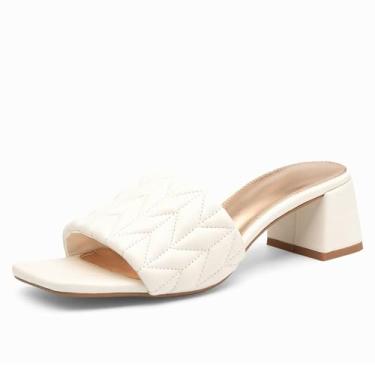 Imagem de NEWBELLA Sandálias femininas de bico quadrado – Salto grosso de 5 cm, sem cadarço, bico aberto, elegante, para uso casual e escritório, Bege, 38