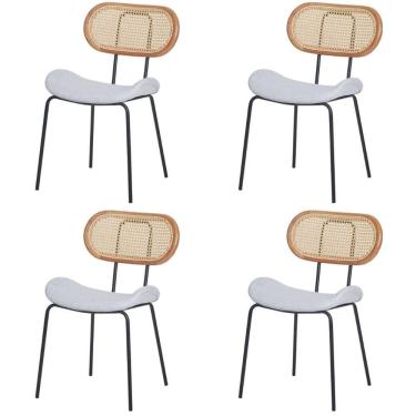 Imagem de Kit 4 Cadeiras Toscana Fratini Estrutura Aço Preto Encosto Madeira Tela Rattan Assento Tecido Cinza