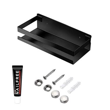 Imagem de Prateleiras flutuantes de armazenamento de metal à prova de ferrugem Prateleira retangular para quarto, banheiro, sala de estar, cozinha e lavanderia, prateleiras de parede sem pregos (19 cm preto)