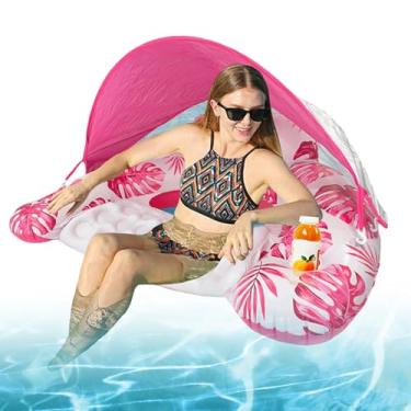 Imagem de Colchão Insuflável Com Toldo | Boia Insuflável com Proteção Solar para Adultos | Flutuador Inflável Resistente com Porta-Copos para Exterior Verão Piscina Rio Lago Natação