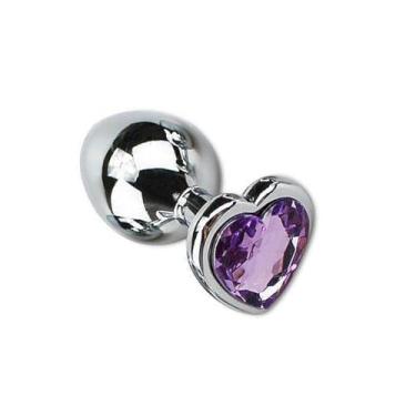 Imagem de Plug Anal em Aço Inoxidável, Base Coração com Cristal Roxo, 7cm x 2,8cm, Prata