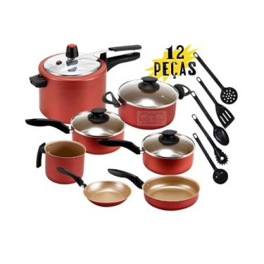 Imagem de Jogo de Panelas 12 Peças Antiaderente Teflon Cereja com Panela de Pres