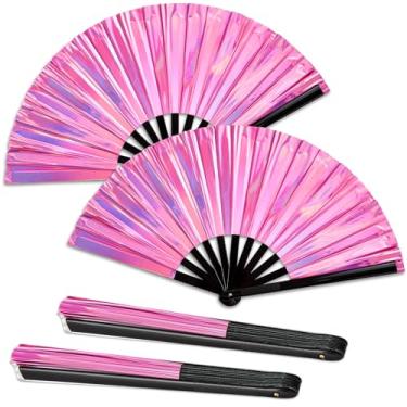 Imagem de Qyeahkj 2 peças de leque portátil holográfico roxo rave grande dança pop dobrável iridescente festival tai ji chinês edm clack laser ventilador de mão perfeito para festivais festas decoração
