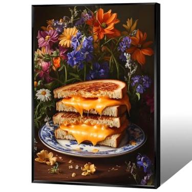 Imagem de Arte de parede vintage de queijo grelhado divertido sanduíche comida pôsteres flores caprichosas escuras pinturas de pão cottagecore para sala de estar sala de jantar cozinha decoração de parede 30,5