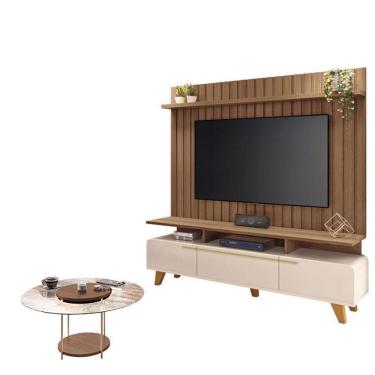 Imagem de Rack Bancada Essenza E Painel Link Com Mesa De Centro Sky Com Tampo De Vidro Off White Castanho – Hb Móveis