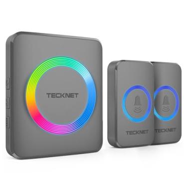 Imagem de TECKNET Campainha sem fio com 2 botões e 1 receptor, campainha IP65 à prova d'água para casa, alcance operacional de 396 metros, 60 melodias e 5 níveis de volume de 0-120 dB, luz RGB para deficientes