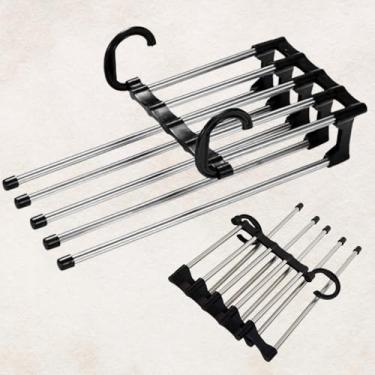 Imagem de Cabide de Inox Multiuso, 5 Divisórias Uso Horizontal Vertical, Cabide Multifuncional Organizador de Roupa Dobrável Inoxidável para Pendurar Calças com 5 espaços, Cabideiro Metal Inoxidável