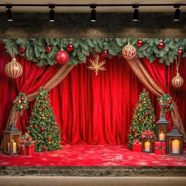 Imagem de Pano de fundo vermelho de Natal de 2,1 x 1,5 m, árvore de Natal, cortina vermelha para decoração de festa de Natal, Natal, Natal, Natal, estrelas, presentes, bolas, fundo de fotos, banner, adereços de