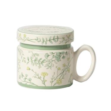 Imagem de Jardim Arte Copo Cerâmica, Canecas Café com Flores Pintadas, Canecas Chá com Tampa, Caneca Bebida & Caneca Água, para Escritório, Microondas Segurança, Bebidas Quentes e Frias (Verde)