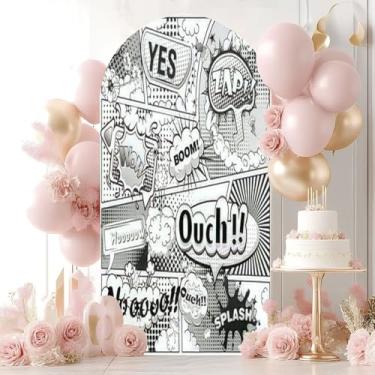 Imagem de Capa de fundo de arco de casamento de 2,5 m, preto e branco, página de quadrinhos dividida por linhas, bolhas de discurso, elastano, capa de fundo redonda ajustada para decoração de festa de