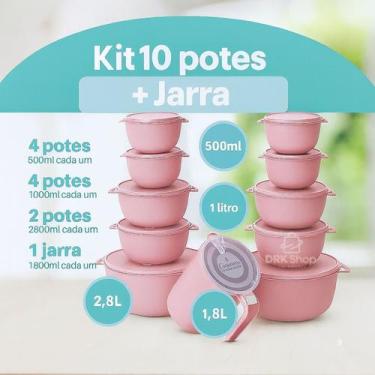 Imagem de kit potes 10 Bowl Mais Jarra Cozinha Saladeira Marmitas Pote Cor Rosa 