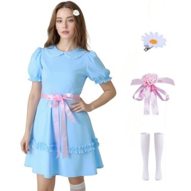 Imagem de GAUWEAN Grady Twins Fantasia feminina azul manga bufante vestido Lolita Halloween assustador boneca cosplay roupas clipe de cabelo com meias, Azul, XXG