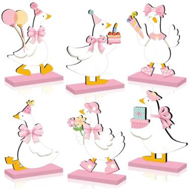 Imagem de 6 peças decoração de aniversário de ganso silly goose menina decoração de mesa de ganso de madeira, rosa um ganso, peça central de aniversário para mulheres, laço rosa, pato engraçado, artigos de